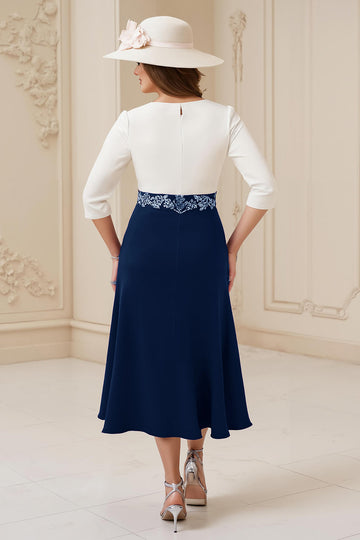 Marine A Ligne Bateau col 3/4 Manches Midi Robe d’invité de mariage avec appliques